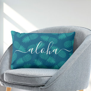 Aloha-Schriftzeichen aquamarines Ananas-Muster Lendenkissen