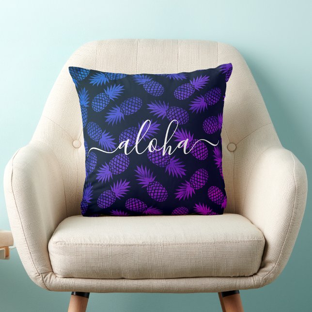 Aloha Script Lila Blue Pineappel Pattern Hawaii Kissen (Von Creator hochgeladen)