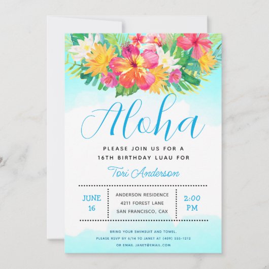 Aloha Script Tropical Birthday Luau Blue Einladung (Vorderseite)