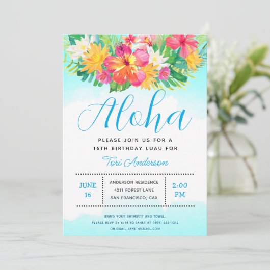 Aloha Script Tropical Birthday Luau Blue Einladung (Stehend Vorderseite)