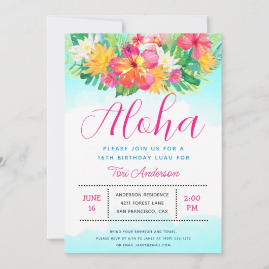 Aloha Script Tropical Birthday Luau Einladung (Vorderseite)