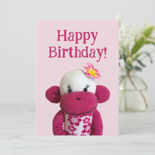 Aloha Sock Monkey Geburtstagkarte Einladung (Stehend Vorderseite)