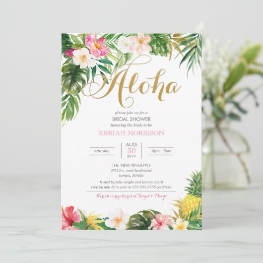 Aloha Summer Tropical oder Luau Brautparty Einladung (Stehend Vorderseite)
