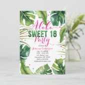 ALOHA SWEET 16 Sechzehn tropische Blätter Rosa Grü Einladung (Stehend Vorderseite)