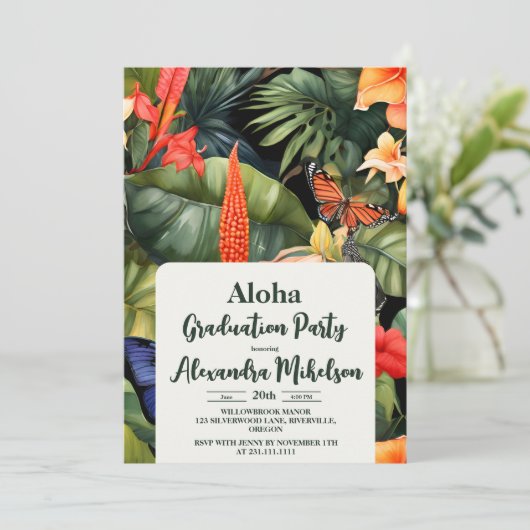 Aloha Tropical Abschluss Luau Party Einladung (Stehend Vorderseite)