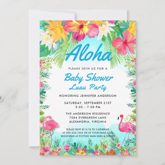 Aloha Tropical Baby Dusche Luau Einladung Blue (Vorderseite)