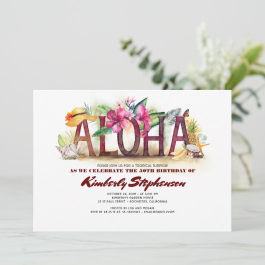 Aloha Tropical Beach | Ananas Hawaiian Birthday Einladung (Stehend Vorderseite)