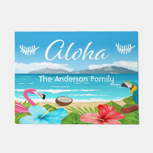 Aloha Tropical beach flamingo florale Familienname Fußmatte (Vorderseite)