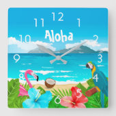 Aloha tropical beach flamingo florals quadratische wanduhr (Vorderseite)