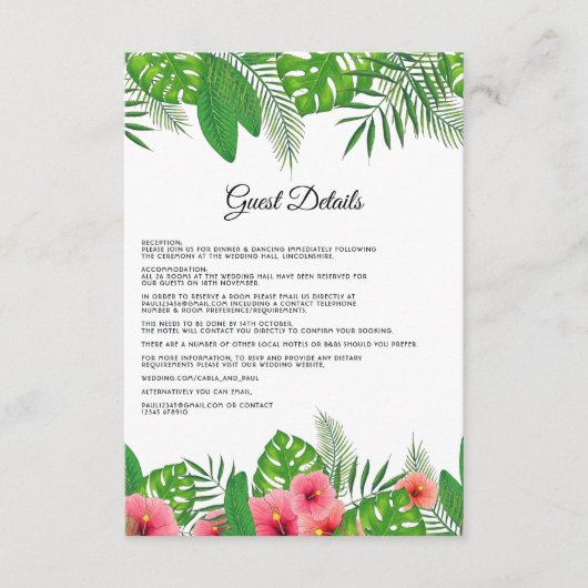Aloha Tropical Beach Hochzeitgäste Details Begleitkarte (Vorderseite)
