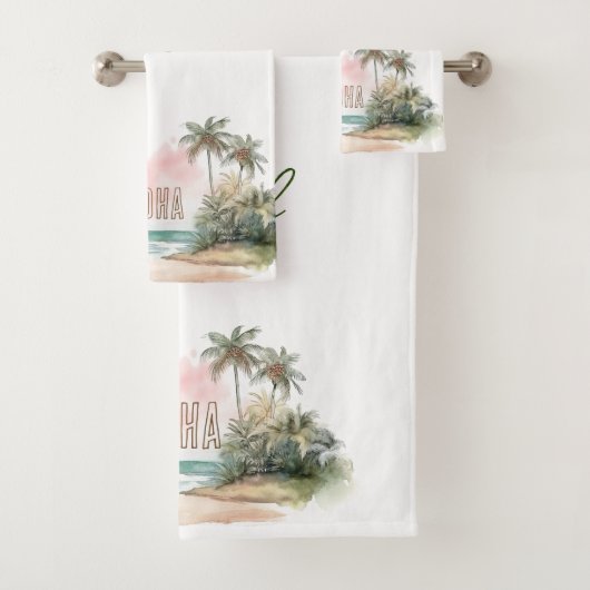 Aloha Tropical Beach Palm Trees Badhandtuch Set (Insitu)