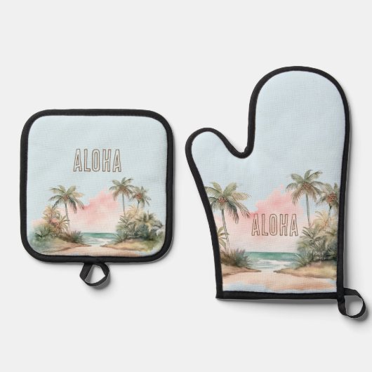 Aloha Tropical Beach Palm Trees Ofenhandschuh & Topflappen-Set (Vorderseite)