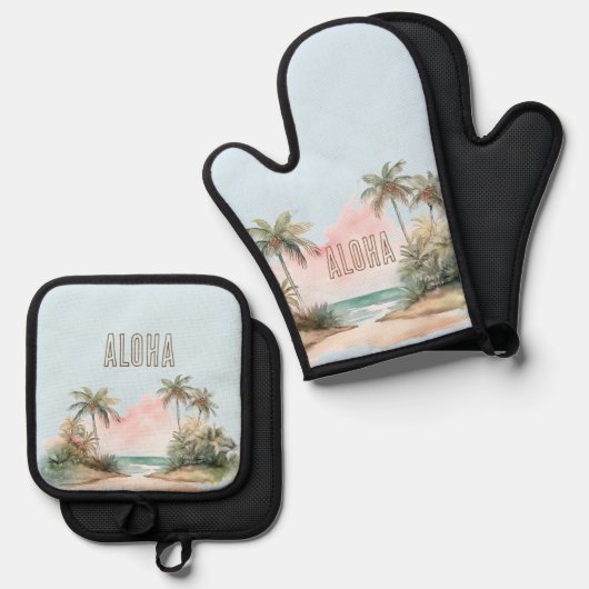 Aloha Tropical Beach Palm Trees Ofenhandschuh & Topflappen-Set (Vorderseite/Rückseite)