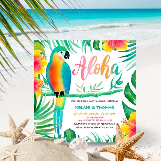 Aloha Tropical Blume Parrot Square Kinderdusche Einladung