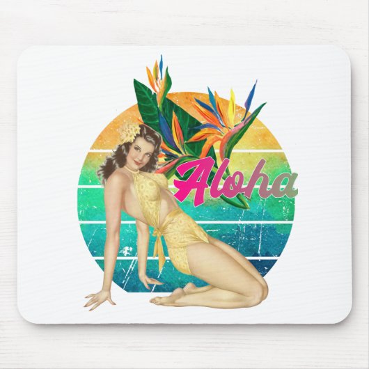 Aloha Tropical Button-up Girl Retro-Sonnenuntergan Mousepad (Vorne)