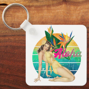 Aloha Tropical Button-up Girl Retro-Sonnenuntergan Schlüsselanhänger