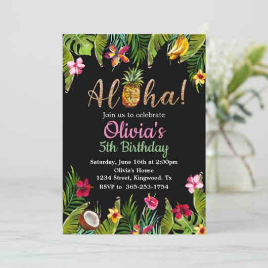 Aloha Tropical Chalkboard Einladung (Stehend Vorderseite)