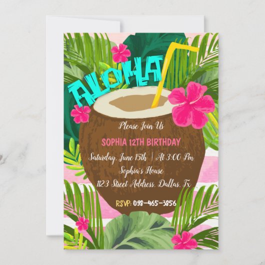 Aloha Tropical Coconut zum Geburtstag Einladung (Vorderseite)