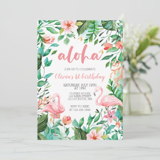 Aloha Tropical Erstgeburtstag Flamingo luau Einladung (Stehend Vorderseite)