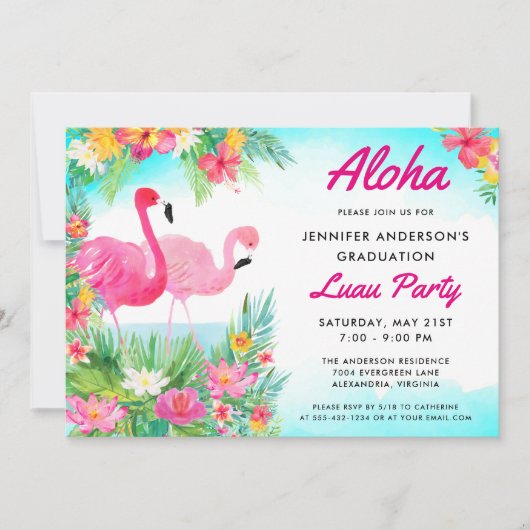 Aloha Tropical Flamingo Abschluss Luau Party Einladung (Vorderseite)