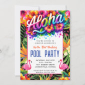 Aloha Tropical Flamingo Birthday Pool Party Einladung (Vorderseite)