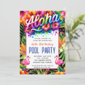 Aloha Tropical Flamingo Birthday Pool Party Einladung (Stehend Vorderseite)