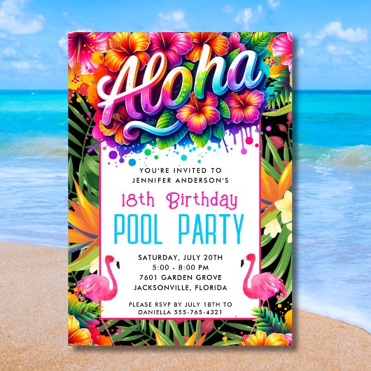 Aloha Tropical Flamingo Birthday Pool Party Einladung