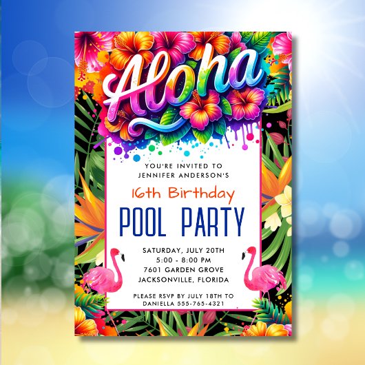 Aloha Tropical Flamingo Birthday Pool Party Einladung