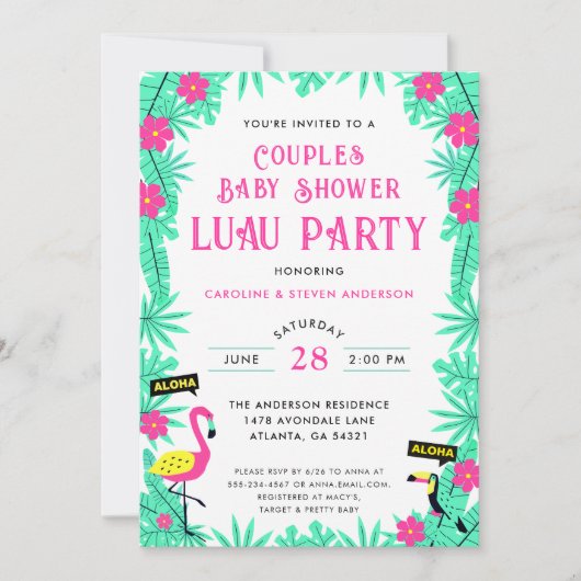 Aloha Tropical Flamingo Couples Kinderdusche Luau Einladung (Vorderseite)