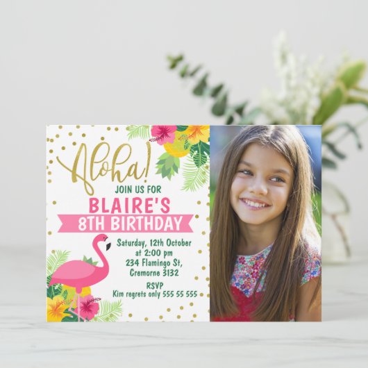 Aloha Tropical Flamingo Foto Einladung zum Geburts (Stehend Vorderseite)