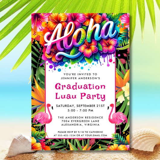 Aloha Tropical Flamingo Graduation Luau Party Einladung