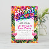 Aloha Tropical Flamingo Luau Birthday Party Einladung (Stehend Vorderseite)