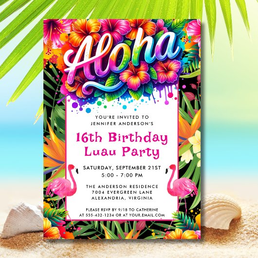 Aloha Tropical Flamingo Luau Birthday Party Einladung