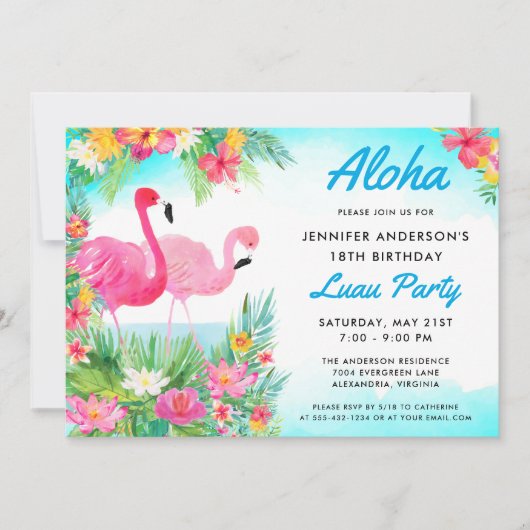 Aloha Tropical Flamingo Luau Geburtstagsparty Einladung (Vorderseite)