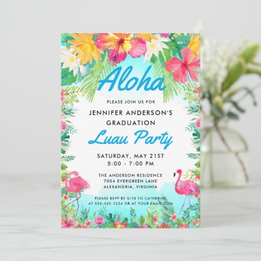 Aloha Tropical Flamingo Luau Party Abschluss Blue Einladung (Stehend Vorderseite)