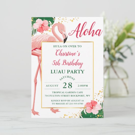 Aloha Tropical Flamingo Pink Floral Luau Geburtsta Einladung (Stehend Vorderseite)