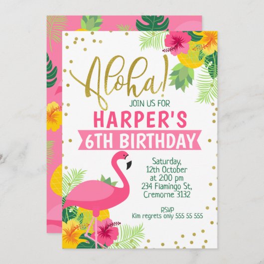 Aloha Tropical Flamingo Zum Geburtstag Einladung (Vorne/Hinten)