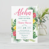Aloha Tropical Floral Pink Baby Dusche Einladung (Stehend Vorderseite)