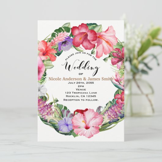 Aloha Tropical Floral Wreath Luau Wedding Party Einladung (Stehend Vorderseite)