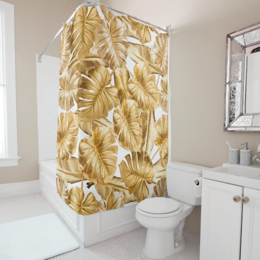 Aloha Tropical Gold Glitzer Monstera Blätter Duschvorhang (Beispiel)
