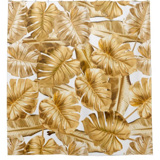 Aloha Tropical Gold Glitzer Monstera Blätter Duschvorhang (Vorderseite)