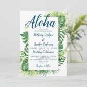 Aloha Tropical Greenerity Blue Beach Wedding Einladung (Stehend Vorderseite)
