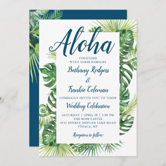 Aloha Tropical Greenerity Blue Beach Wedding Einladung (Vorne/Hinten)