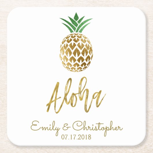 Aloha Tropical Hawaiian Ananas Hochzeit White Rechteckiger Pappuntersetzer (Vorderseite)