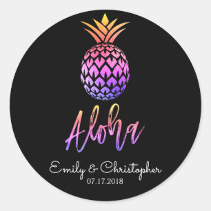 Aloha Tropical Hawaiian Ananas Wedding Black Runder Aufkleber