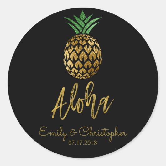 Aloha Tropical Hawaiian Ananas Wedding Black Runder Aufkleber (Vorderseite)