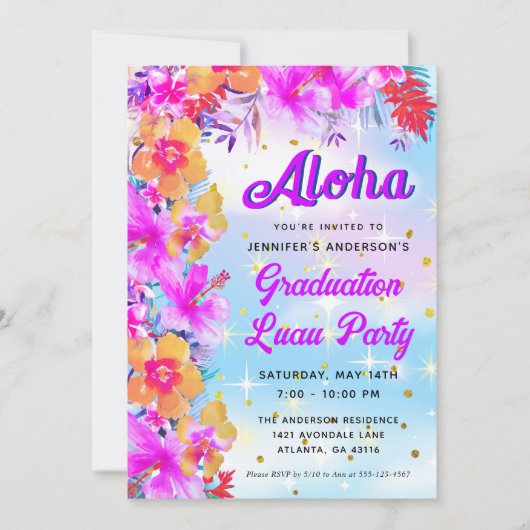 Aloha Tropical Hawaiian Luau Graduation Party Einladung (Vorderseite)