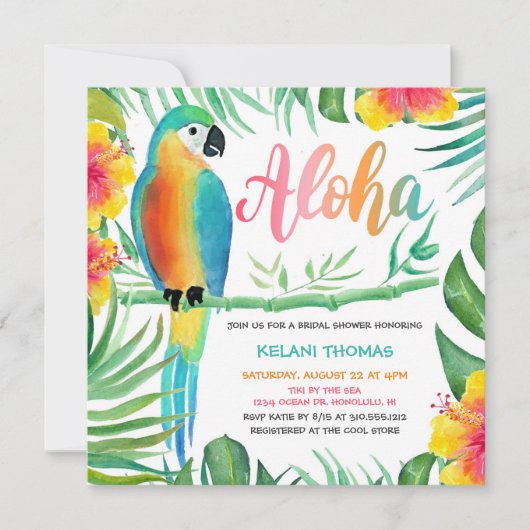 Aloha Tropical Hibiskus Parrot Brautparty Einladung (Vorderseite)