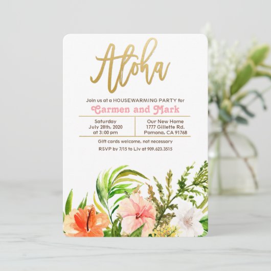 Aloha Tropical Housewarming Party Einladung (Stehend Vorderseite)