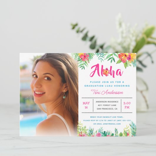 Aloha Tropical Luau Graduation Party Foto Einladung (Stehend Vorderseite)